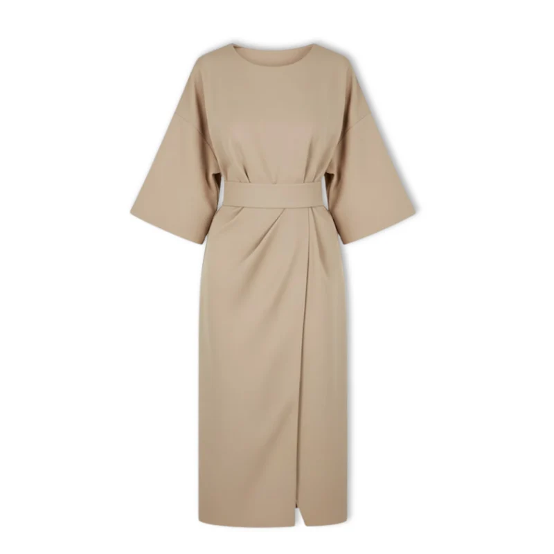 Robe longue femme à manches chauve-souris et taille marquée silhouette fluide