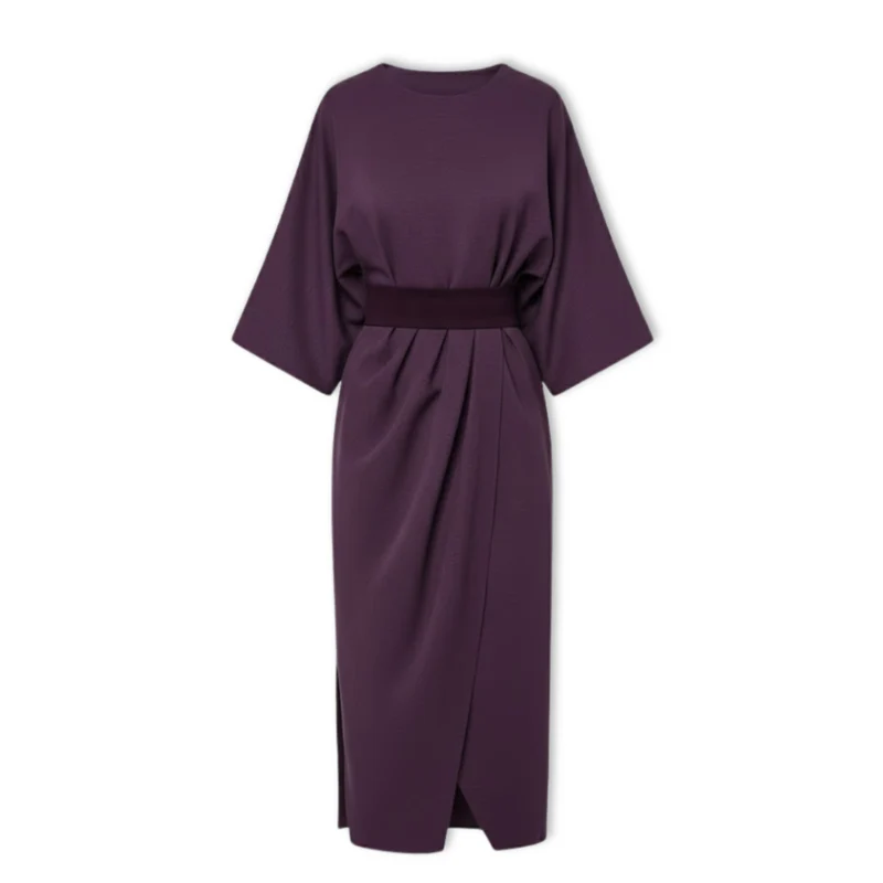 Robe longue femme à manches chauve-souris et taille marquée silhouette fluide