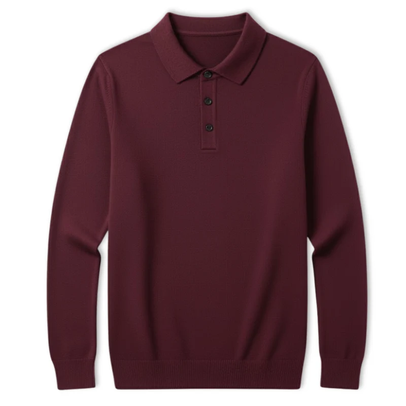 Polo homme 100% laine mérinos à manches longues et col boutonné coupe décontractée