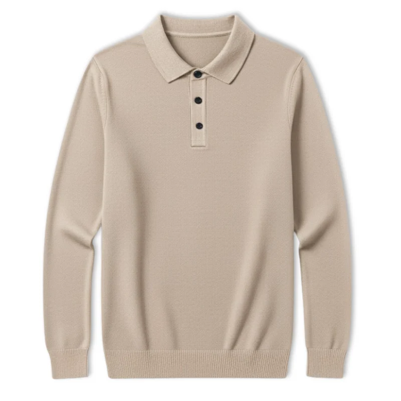 Polo homme 100% laine mérinos à manches longues et col boutonné coupe décontractée