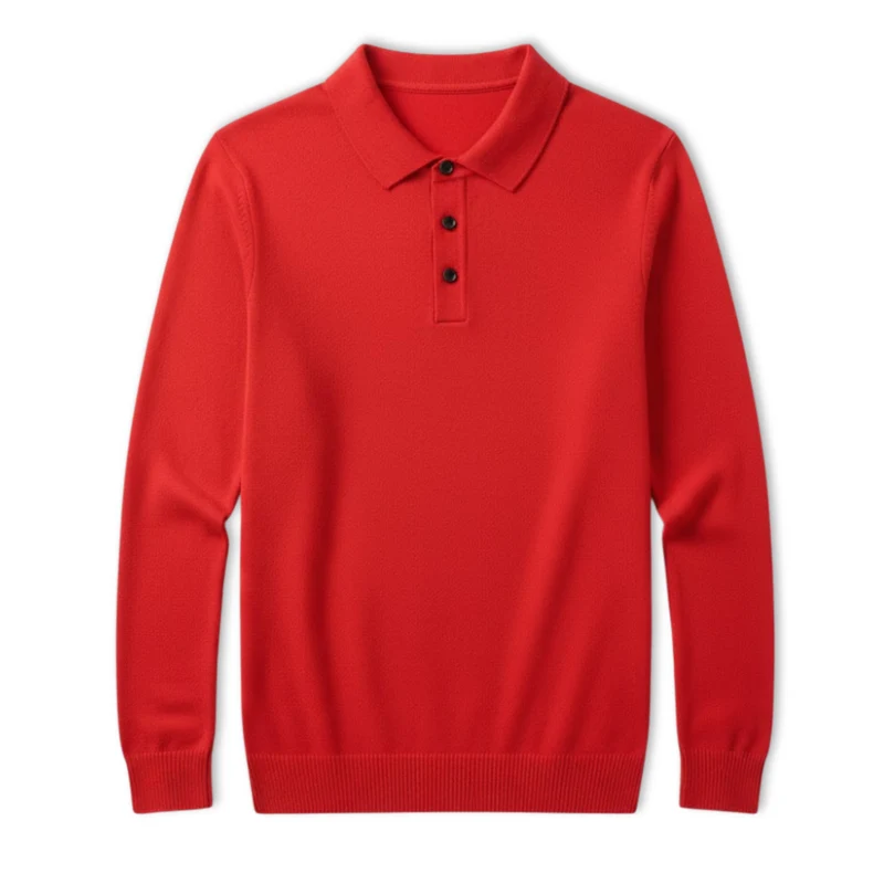 Polo homme 100% laine mérinos à manches longues et col boutonné coupe décontractée