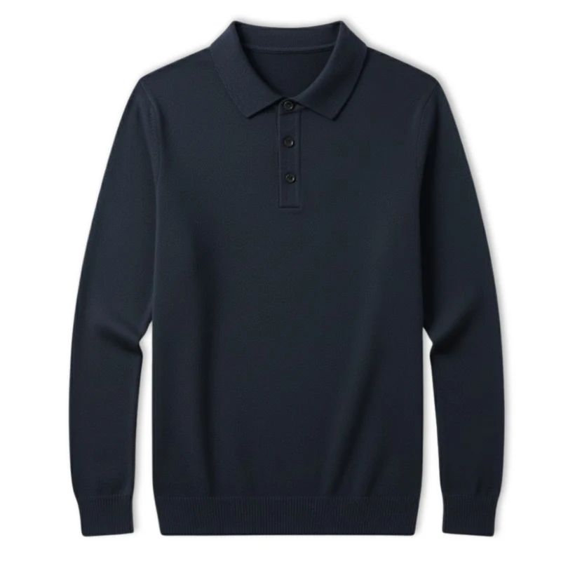Polo homme 100% laine mérinos à manches longues et col boutonné coupe décontractée