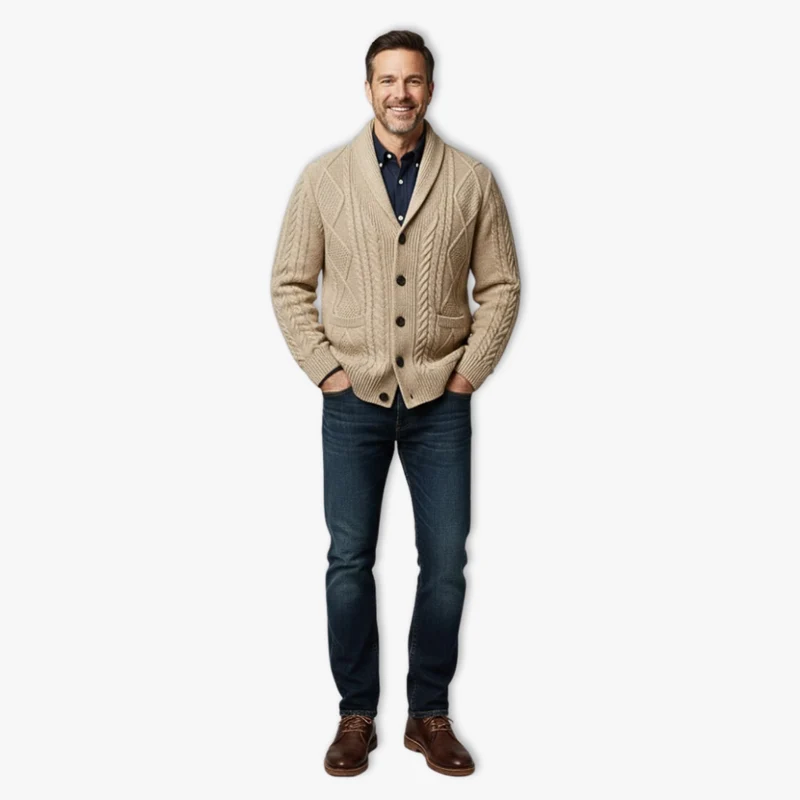 Gilet homme maille torsadée col montant fermeture boutonnée