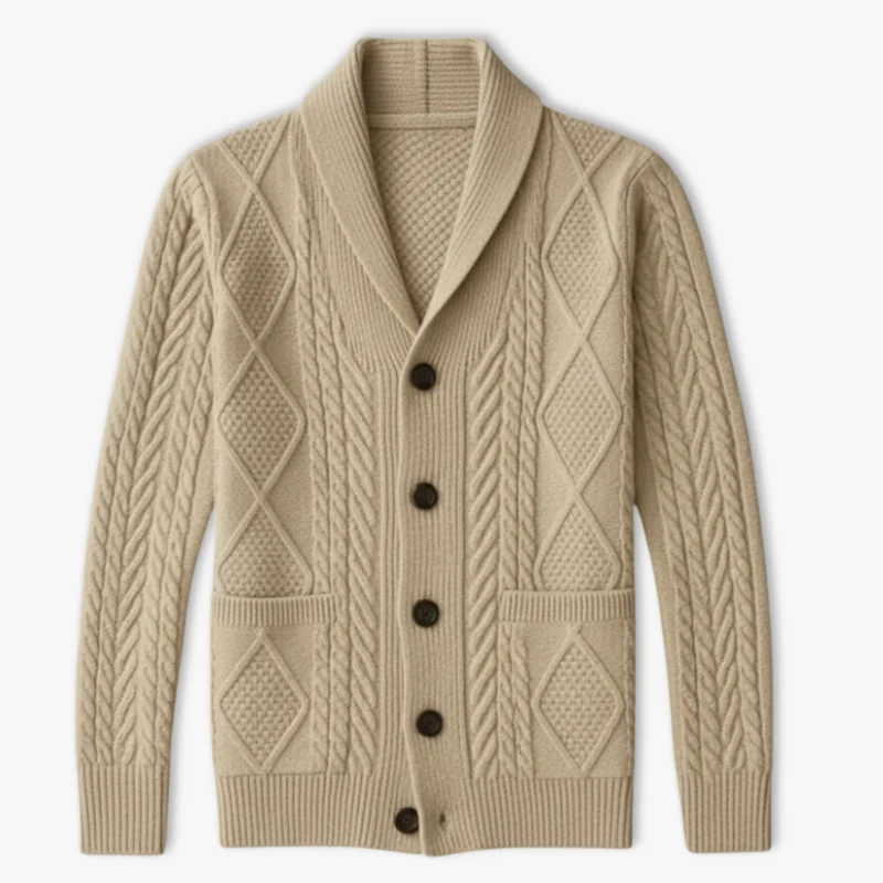 Gilet homme maille torsadée col montant fermeture boutonnée