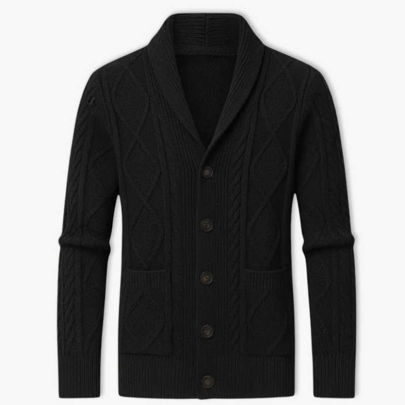Gilet homme maille torsadée col montant fermeture boutonnée