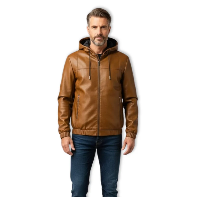 Veste homme éco-cuir capuche amovible style motard urbain moderne