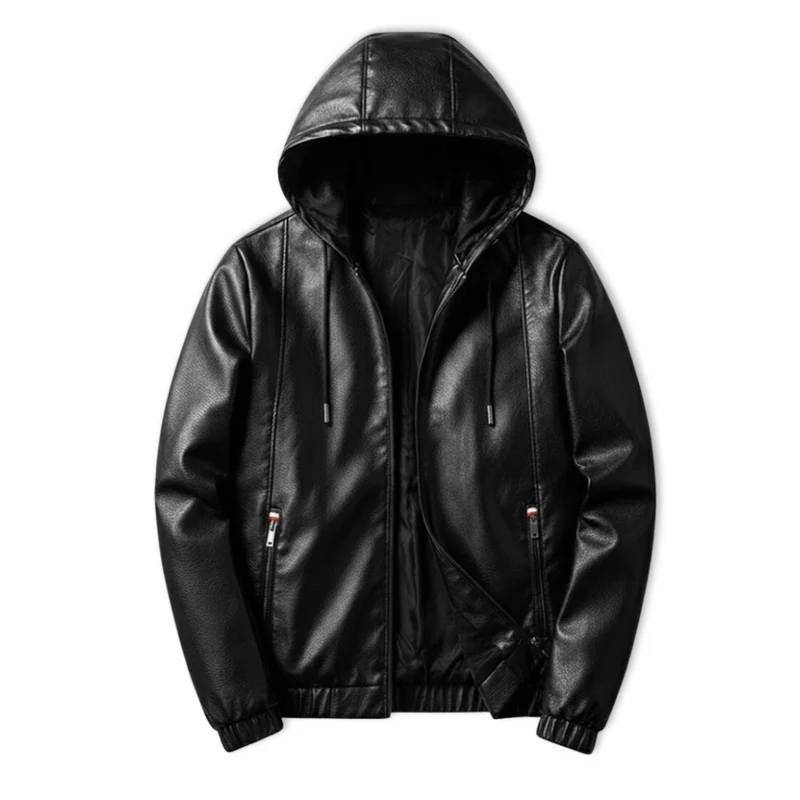 Veste homme éco-cuir capuche amovible style motard urbain moderne