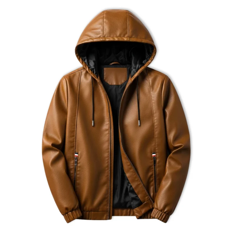Veste homme éco-cuir capuche amovible style motard urbain moderne