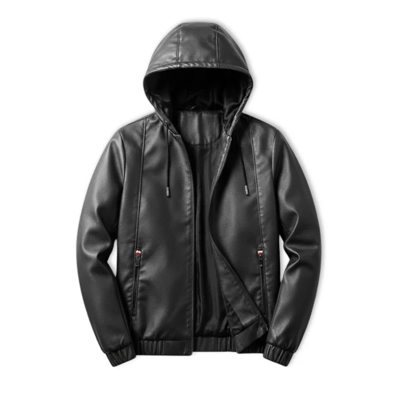 Veste homme éco-cuir capuche amovible style motard urbain moderne