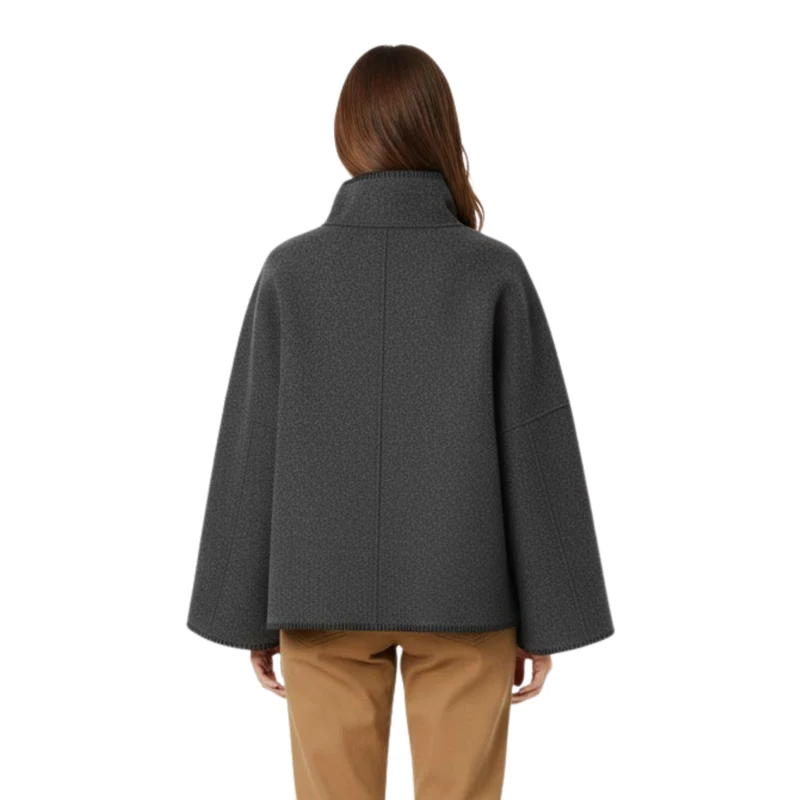 Veste Femme Vintage en Laine Épaules Larges Col Montant Manches Longues Automne Chic