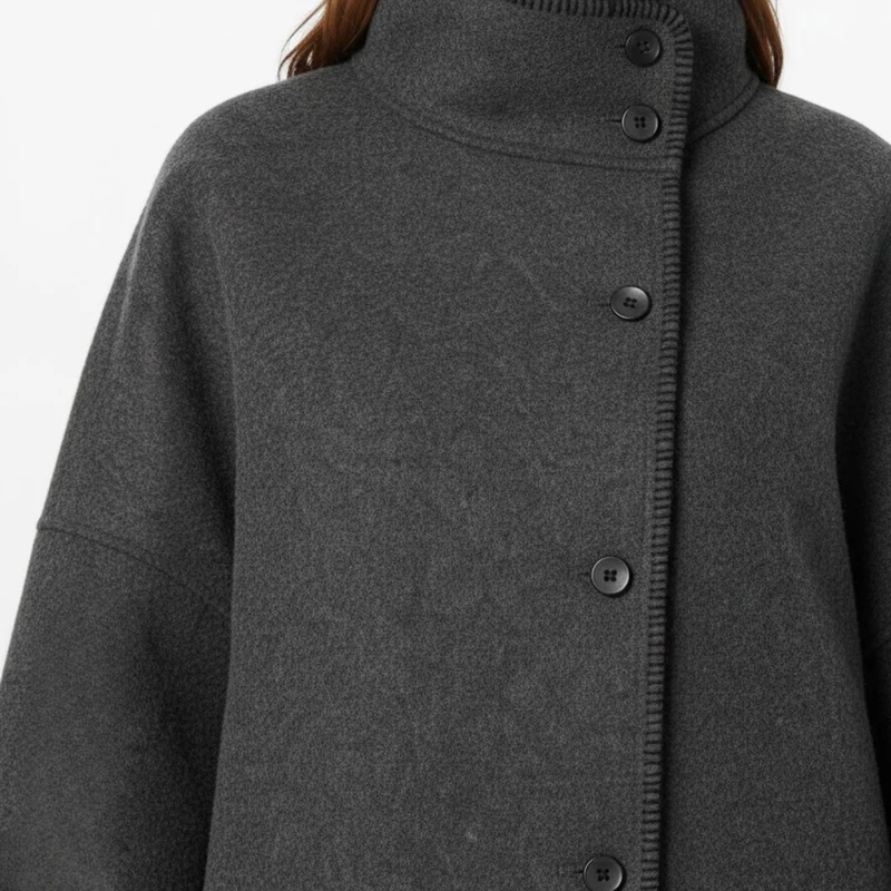 Veste Femme Vintage en Laine Épaules Larges Col Montant Manches Longues Automne Chic