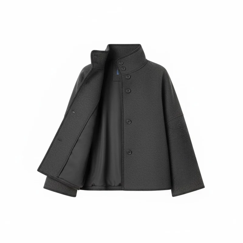 Veste Femme Vintage en Laine Épaules Larges Col Montant Manches Longues Automne Chic