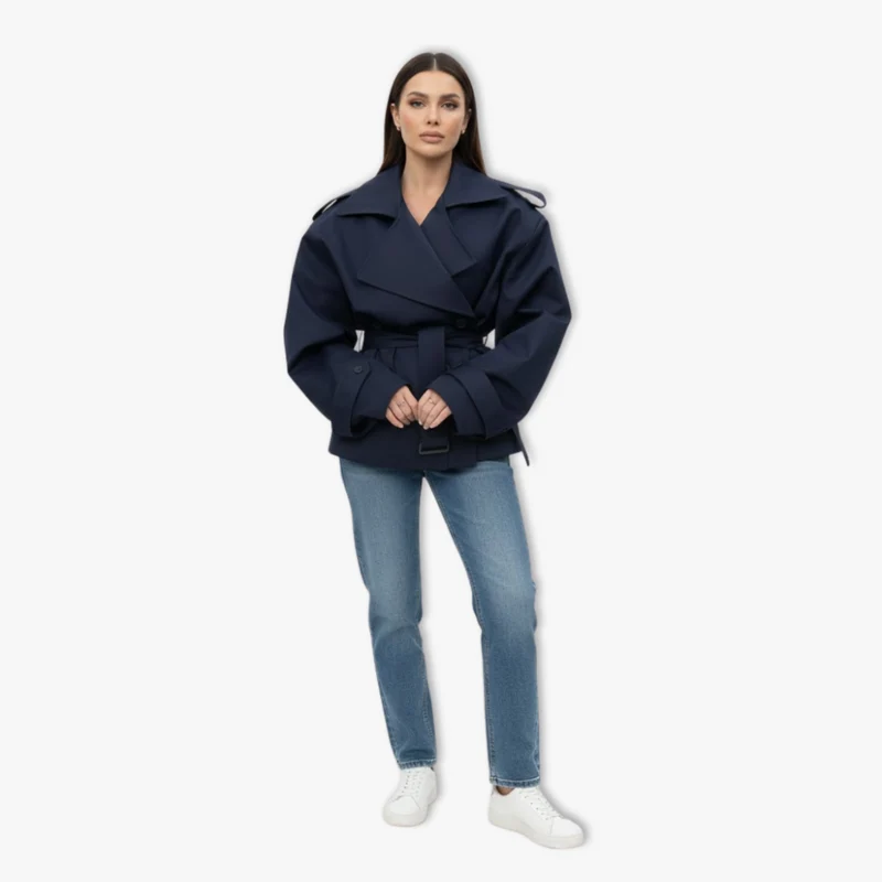 Trench Court Court à Lacets pour Femme, Veste Coupe-Vent à Revers et Manches Longues