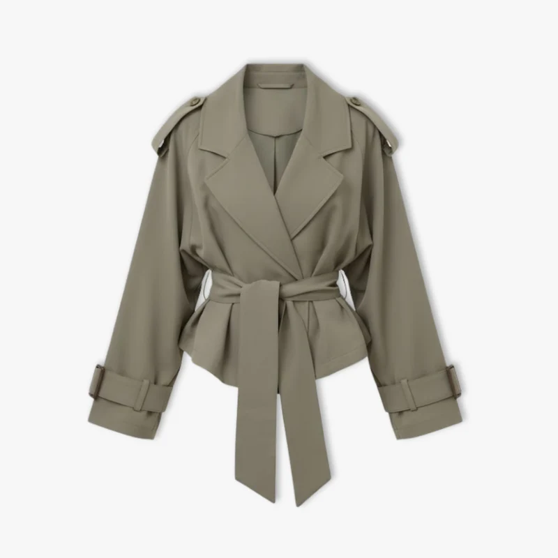 Trench Court Court à Lacets pour Femme, Veste Coupe-Vent à Revers et Manches Longues