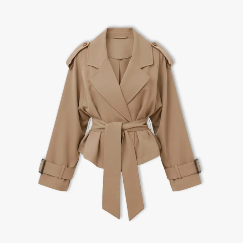 Trench Court Court à Lacets pour Femme, Veste Coupe-Vent à Revers et Manches Longues