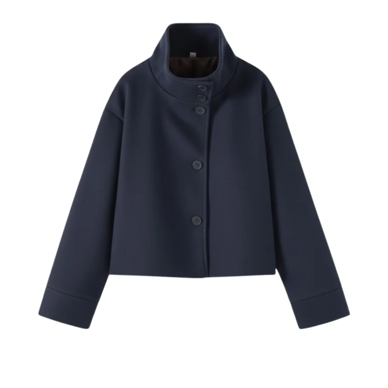 Manteau d’hiver pour femmes en laine à col montant, à simple boutonnage, coupe ample et manches longues