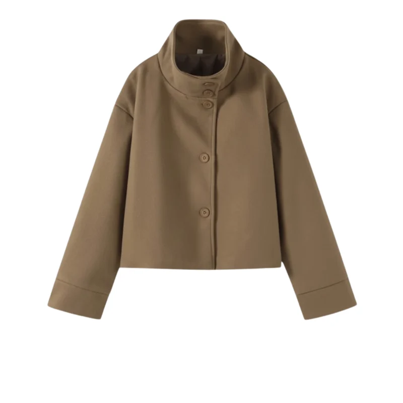 Manteau d’hiver pour femmes en laine à col montant, à simple boutonnage, coupe ample et manches longues
