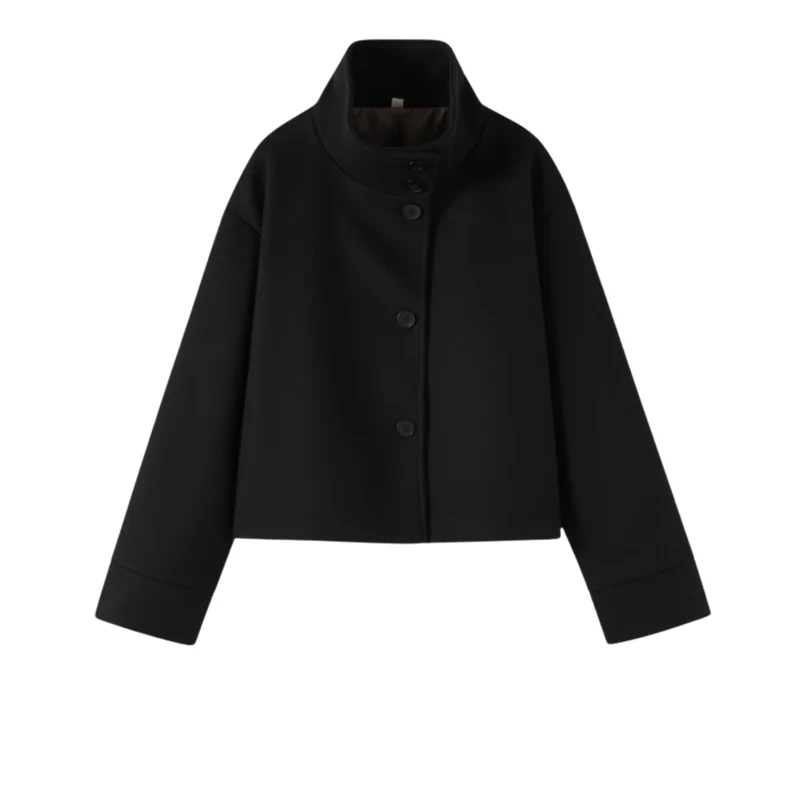 Manteau d’hiver pour femmes en laine à col montant, à simple boutonnage, coupe ample et manches longues