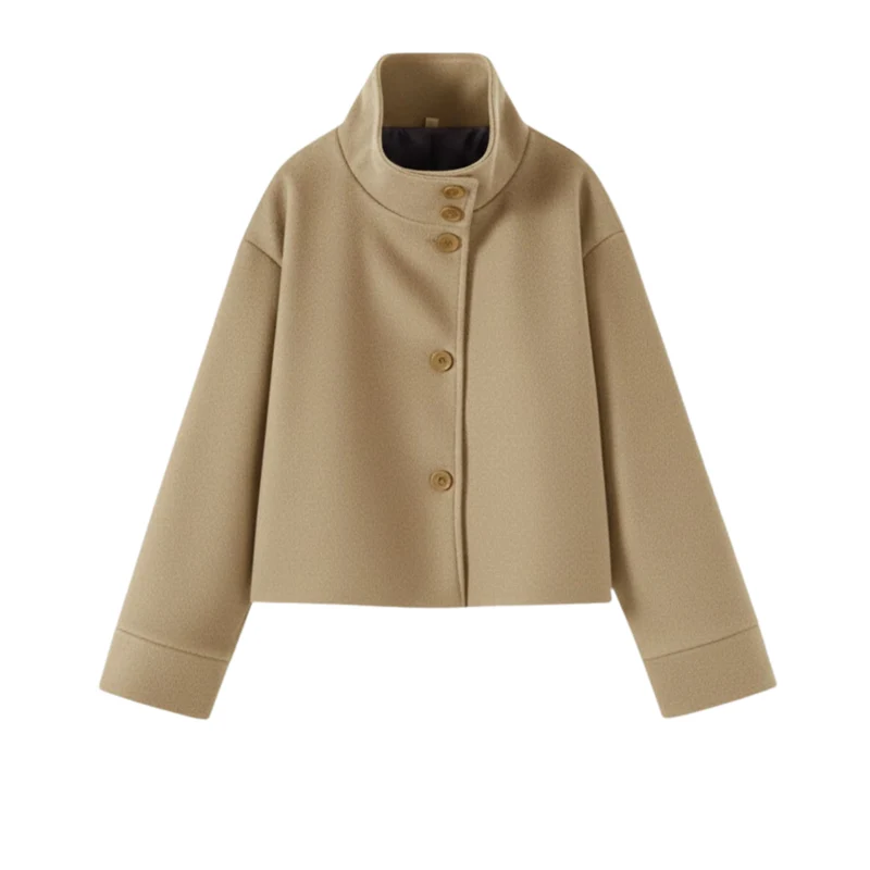Manteau d’hiver pour femmes en laine à col montant, à simple boutonnage, coupe ample et manches longues