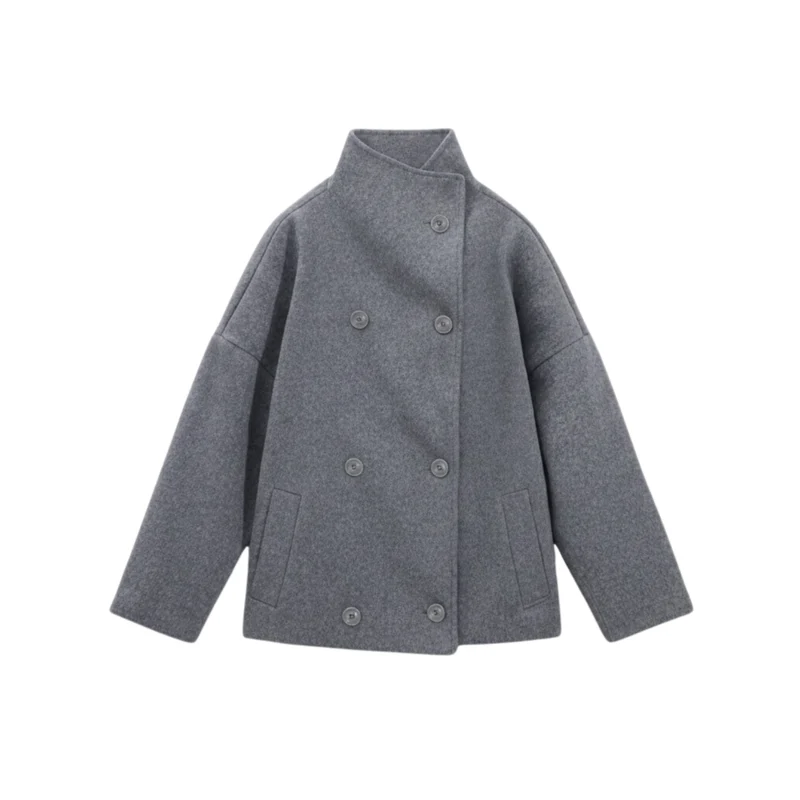 Manteau d’hiver pour femmes en laine à col montant, à simple boutonnage, coupe ample et manches longues