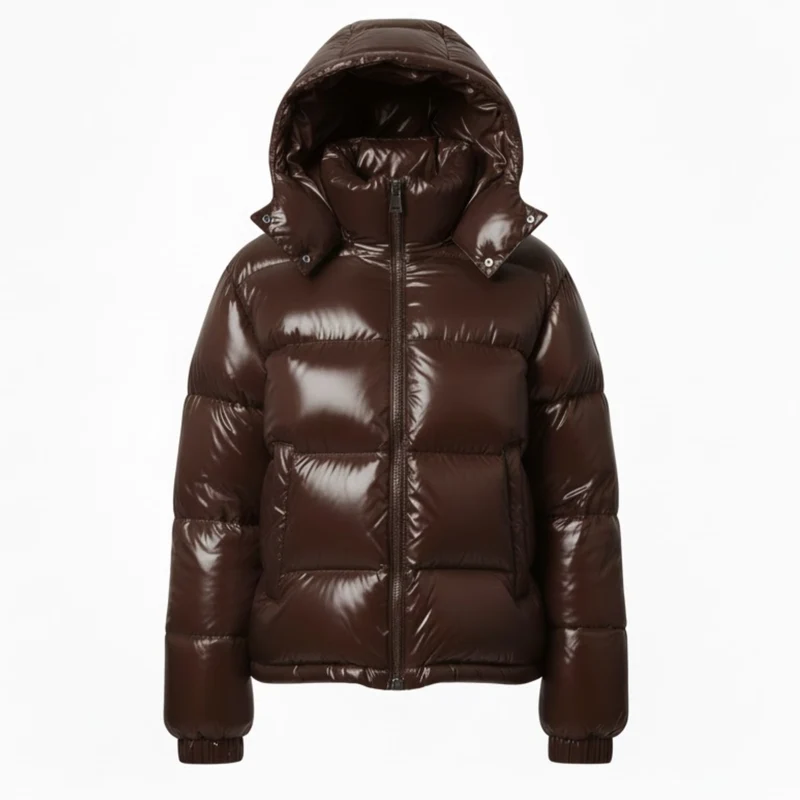 Veste Femme Matelassée Brillante à Capuche, Fermeture Zippée Montante, Chaude et Douillette