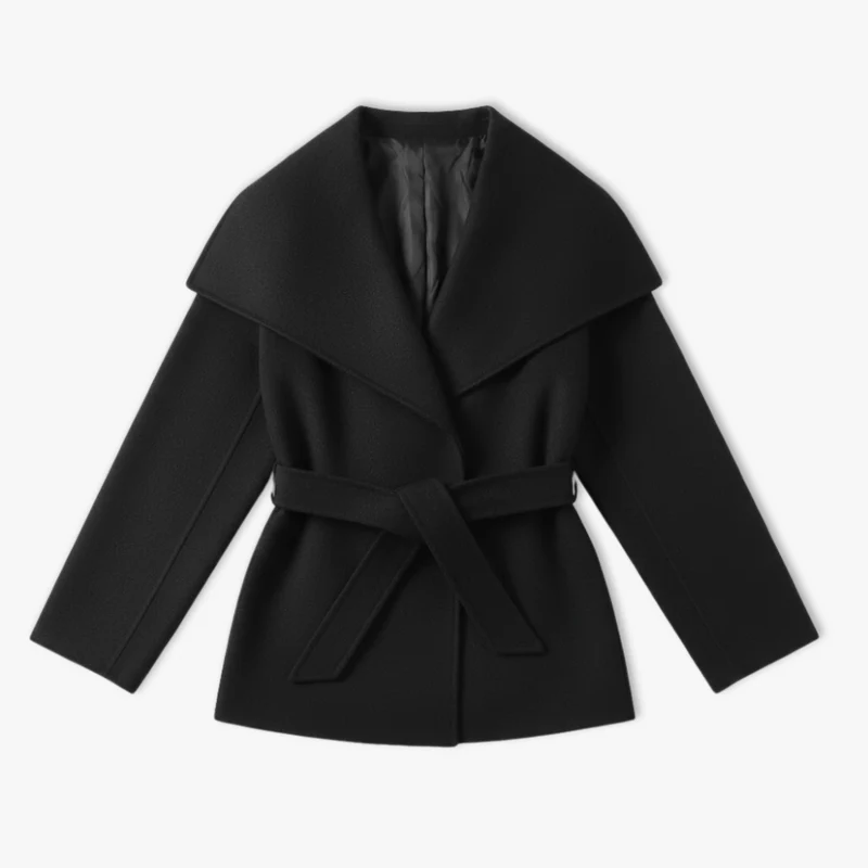Manteau Femme en Fausse Fourrure avec Ceinture, Col Haut et Manches Longues