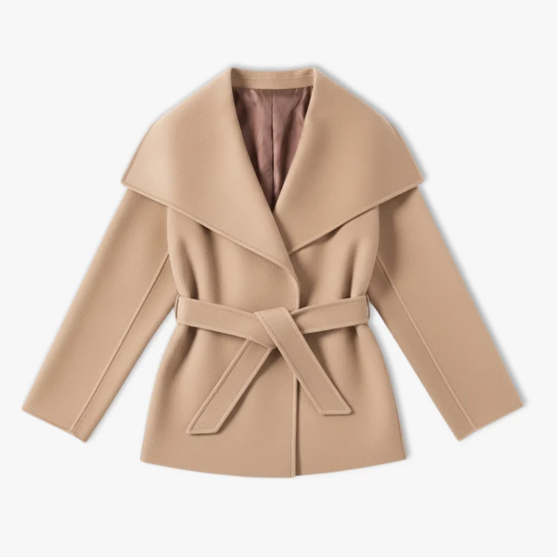 Manteau Femme en Fausse Fourrure avec Ceinture, Col Haut et Manches Longues