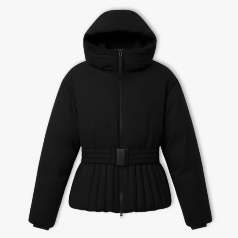 Veste de Ski Femme Peplum à Capuche avec Col Montant et Ceinture à la Taille