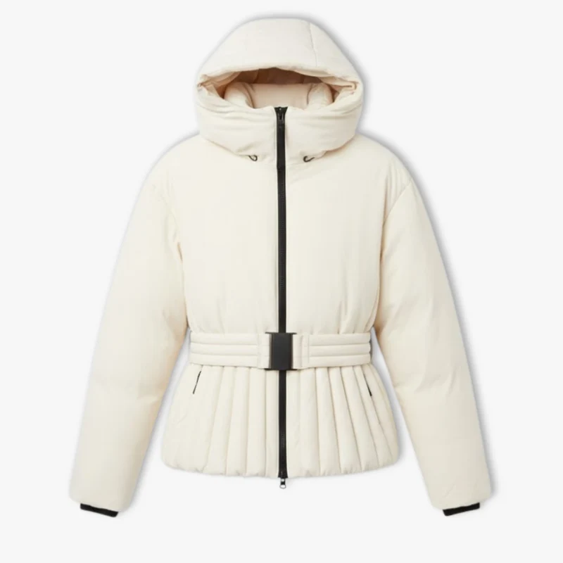 Veste de Ski Femme Peplum à Capuche avec Col Montant et Ceinture à la Taille