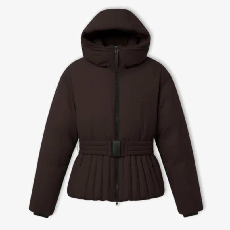 Veste de Ski Femme Peplum à Capuche avec Col Montant et Ceinture à la Taille