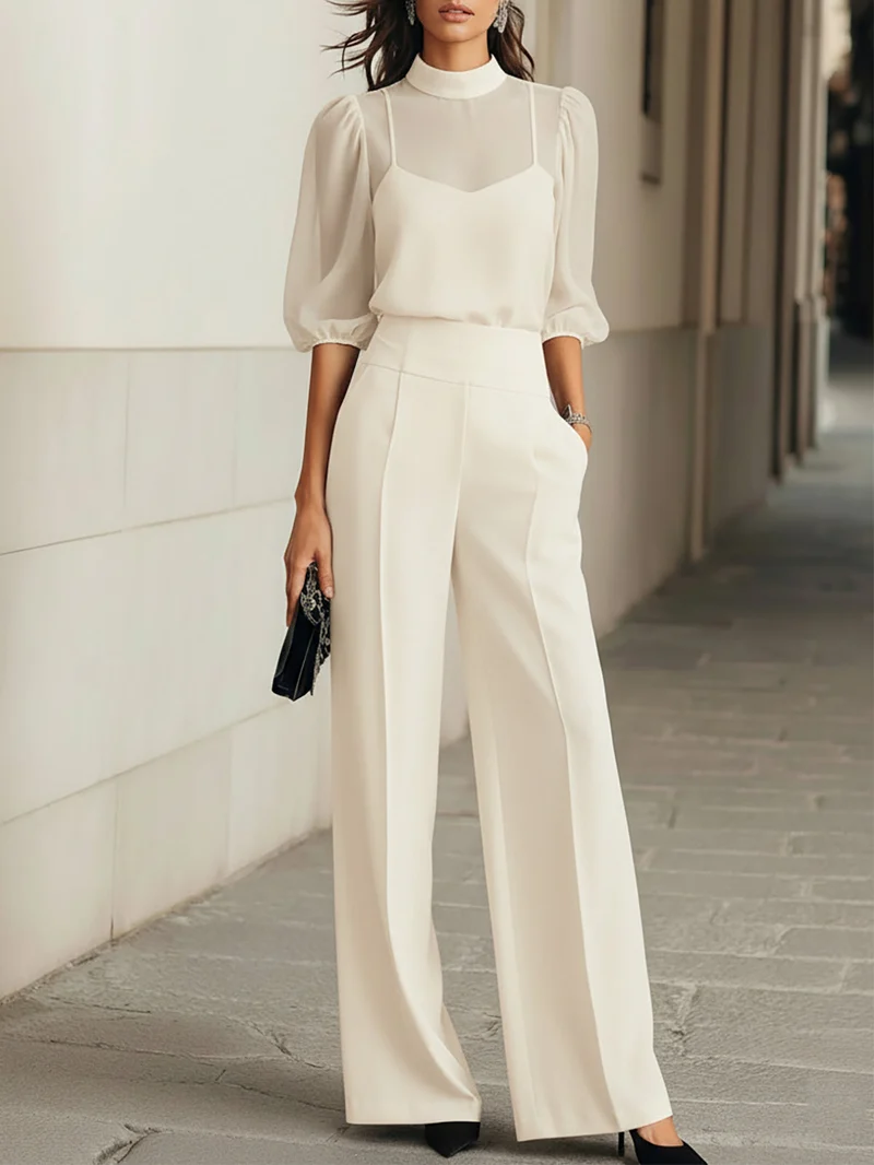 Ensemble Trois Pièces avec Blouse Transparente et Pantalon Large pour Femme | Idéal pour les Banquets