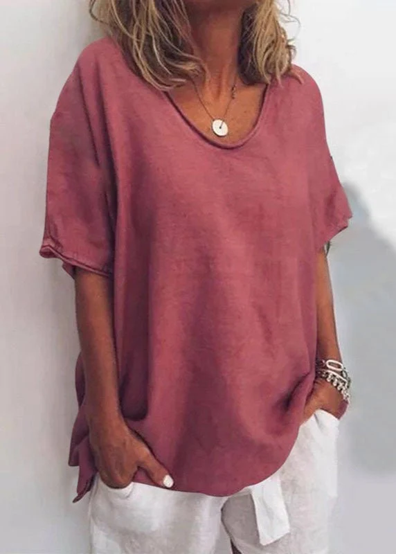 T-Shirt Femme Ample Uni À Manches Courtes Col Rond