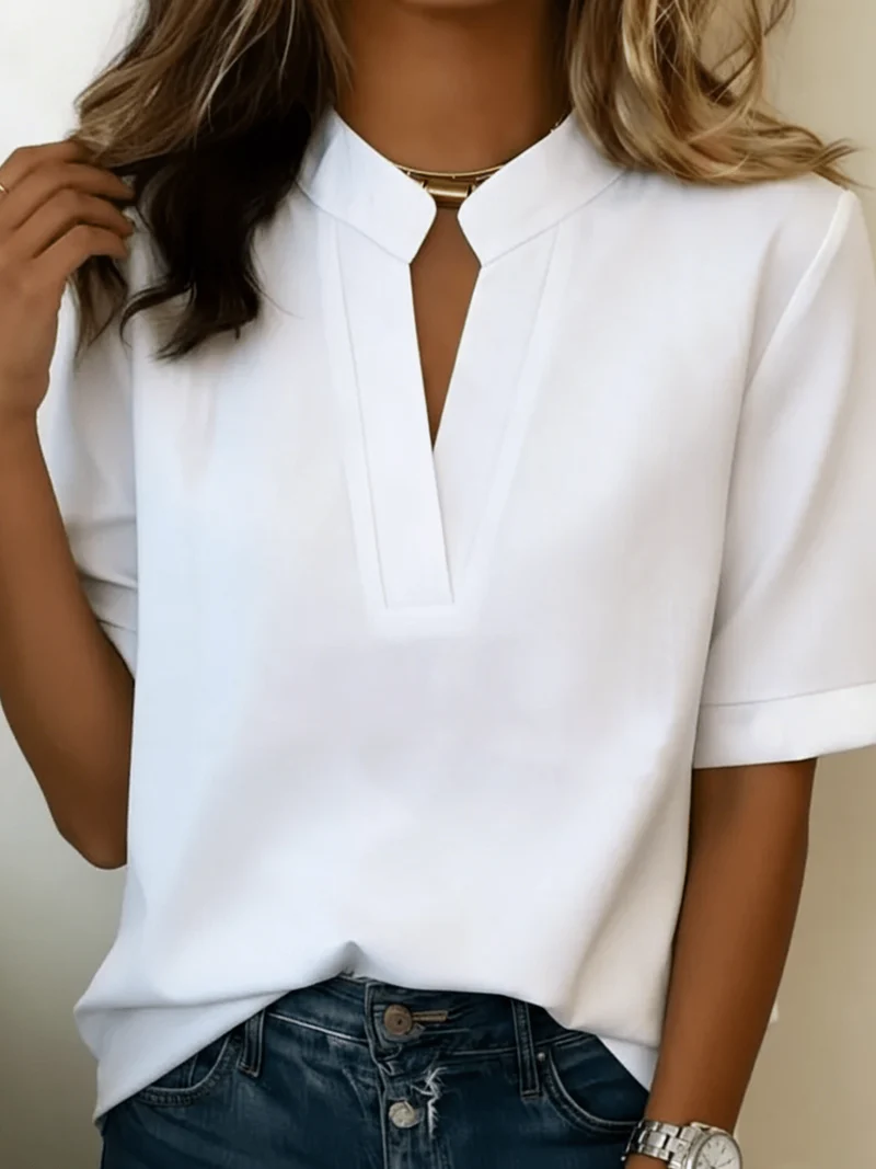 Blouse Femme Col V Manches Courtes Coupe Fluide Unie