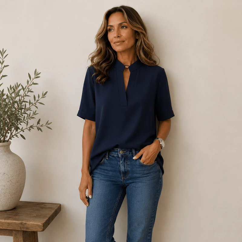 Blouse Femme Col V Manches Courtes Coupe Fluide Unie