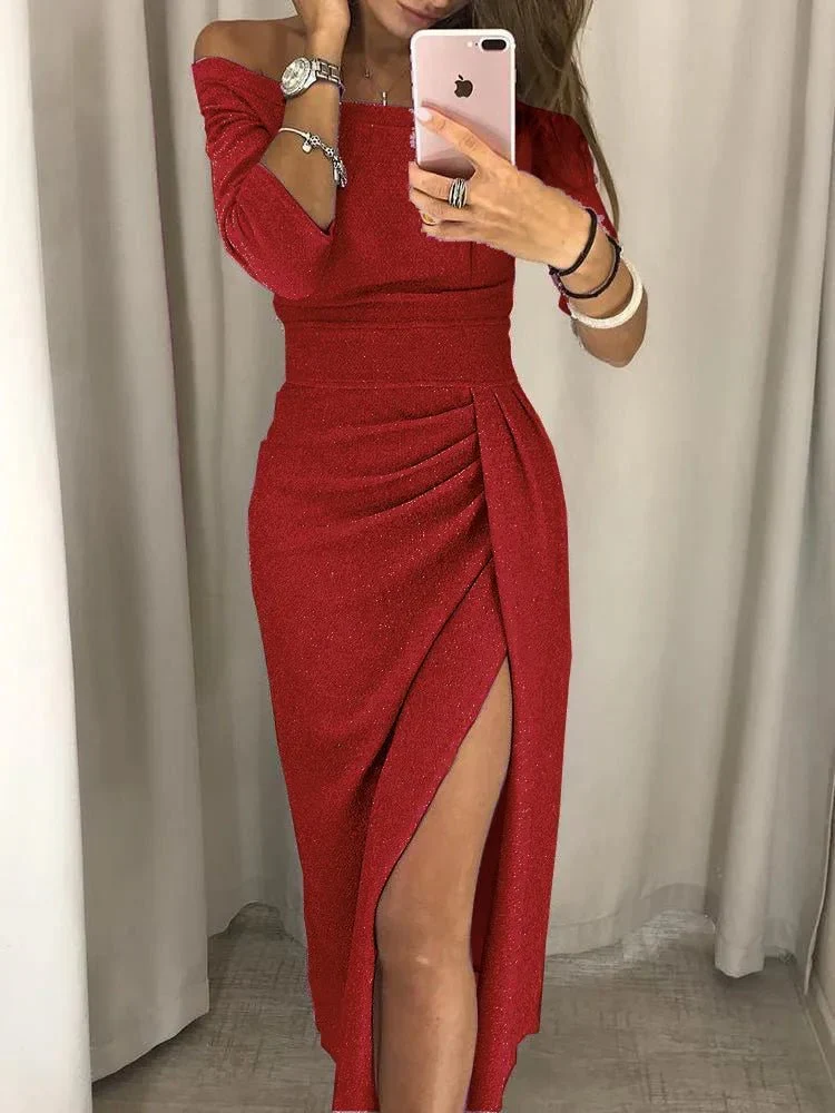 Robe Midi Brillante Épaules Dénudées pour Femme | Idéale pour les Sorties