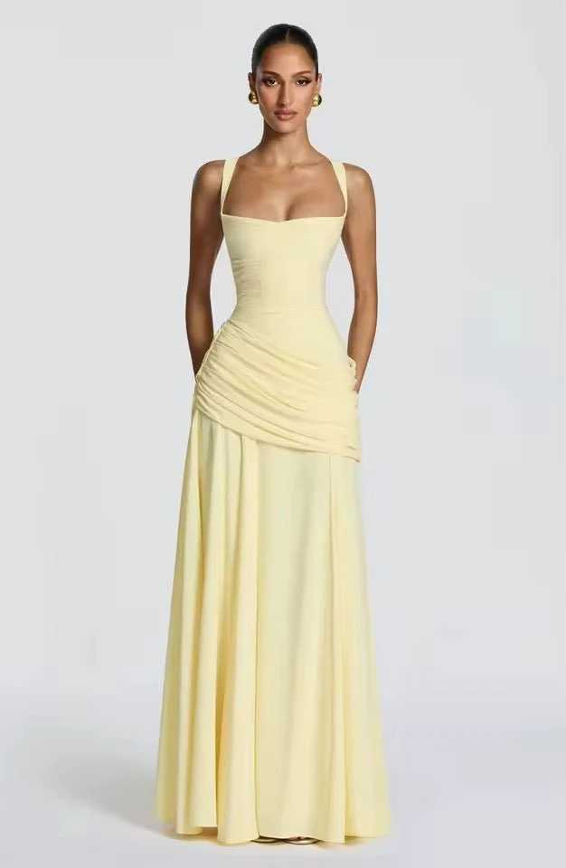 Robe Longue à Encolure Carrée et Drapé Latéral pour Femme | Idéale pour l'Été