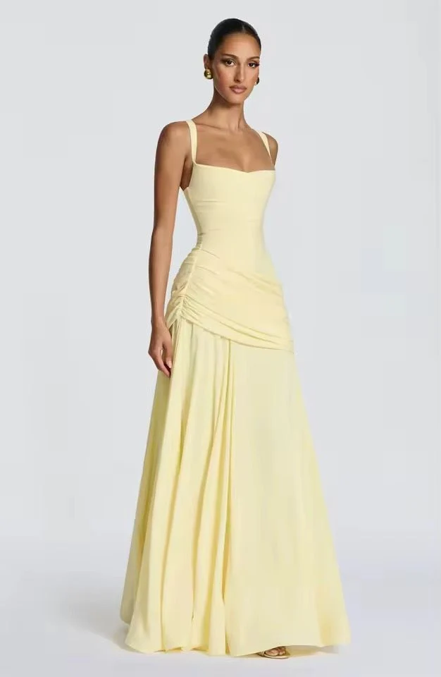 Robe Longue à Encolure Carrée et Drapé Latéral pour Femme | Idéale pour l'Été