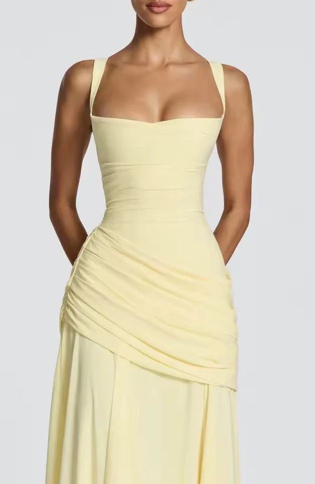 Robe Longue à Encolure Carrée et Drapé Latéral pour Femme | Idéale pour l'Été