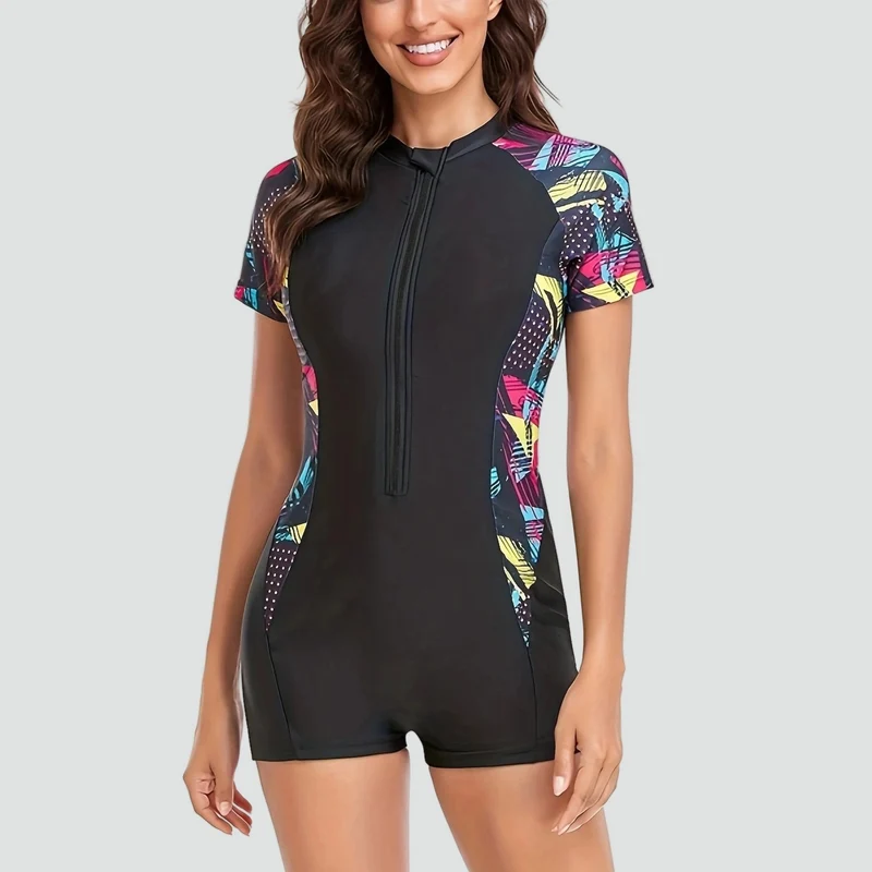 Maillot de Bain Une Pièce à Manches Courtes et Fermeture Éclair pour Femme | Idéale pour l'Été