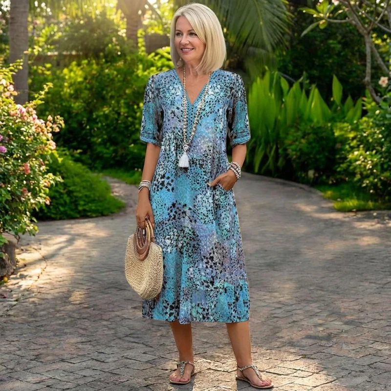 Robe Longue à Manches Courtes et Encolure en V pour Femme | Idéale pour l'Été