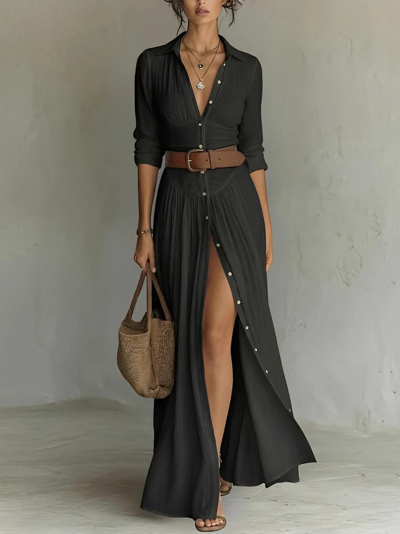 Robe Longue en Lin avec Col à Revers pour Femme | Idéale pour le Printemps