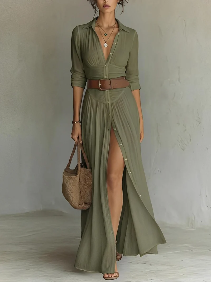 Robe Longue en Lin avec Col à Revers pour Femme | Idéale pour le Printemps
