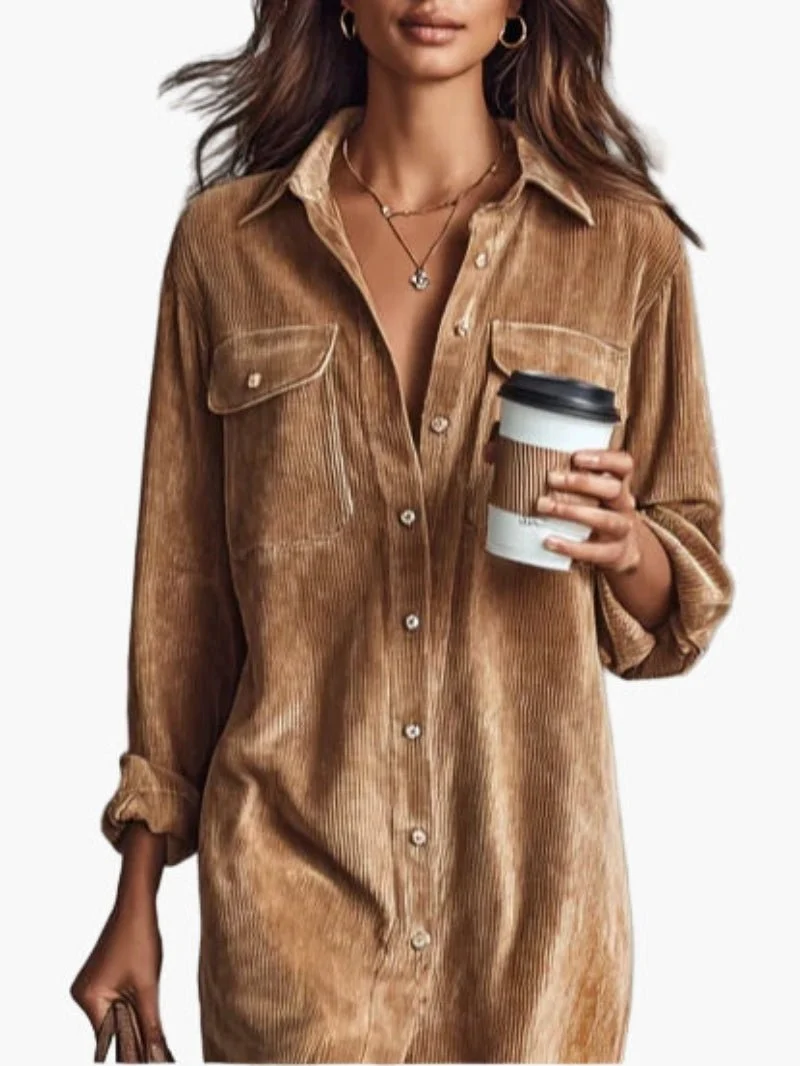 Robe Chemise en Velours Côtelé Mi-Longue pour Femme | Idéale pour le Quotidien