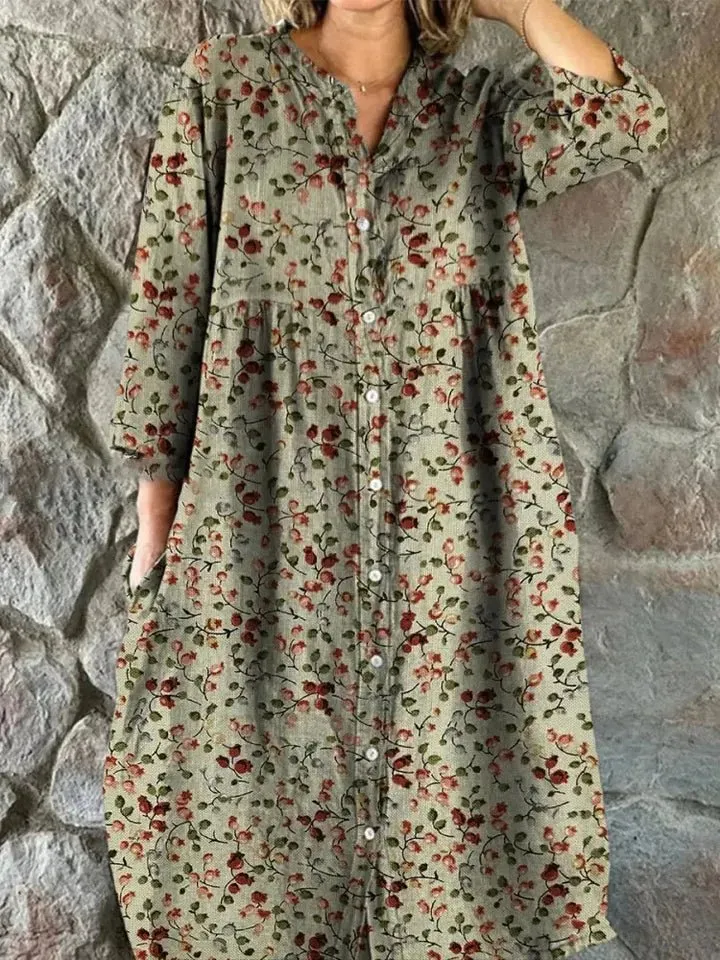 Robe Chemise en Coton à Imprimé Floral Rétro pour Femmes