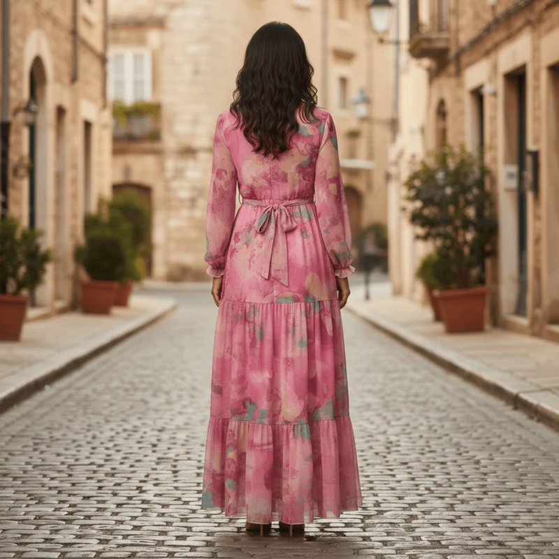 Robe Maxi à Manches Longues à Imprimé Floral pour Femmes