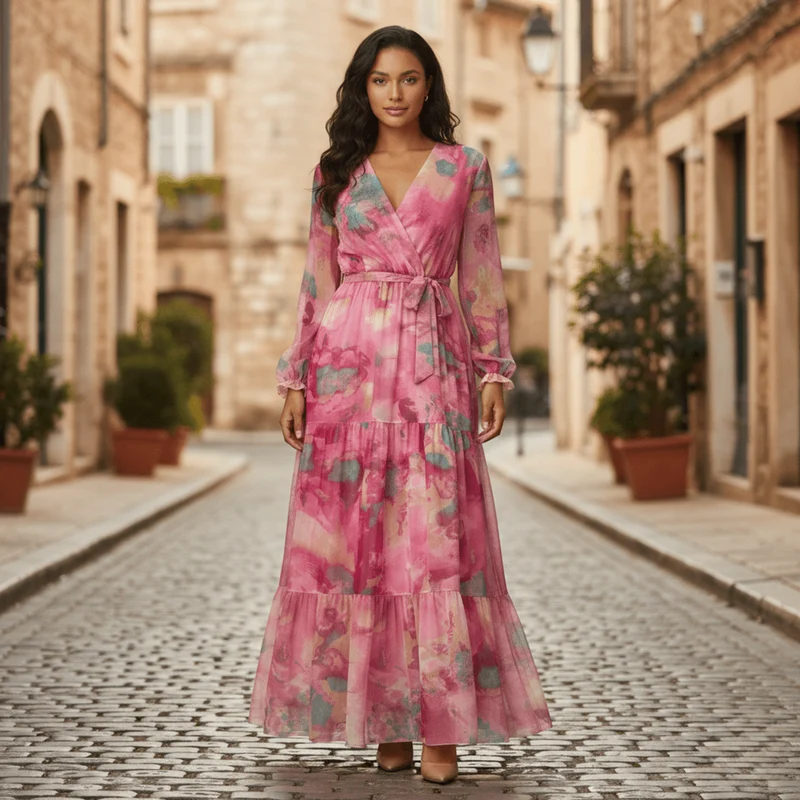 Robe Maxi à Manches Longues à Imprimé Floral pour Femmes