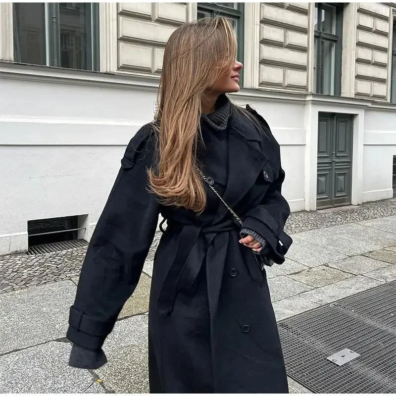 Manteau trench long à double boutonnage pour femmes