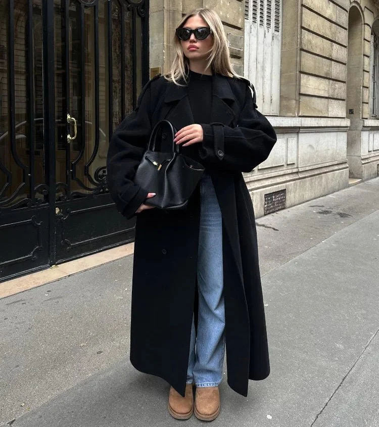 Manteau trench long à double boutonnage pour femmes
