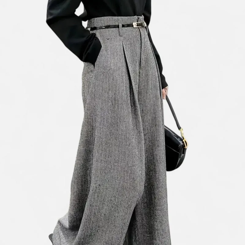Pantalon Large Taille Haute en Tweed pour Femmes