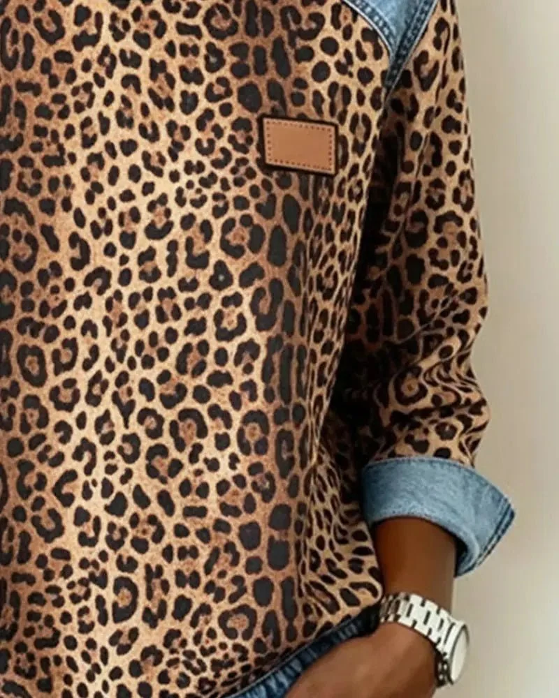 Pull patchwork en denim à imprimé léopard pour femmes